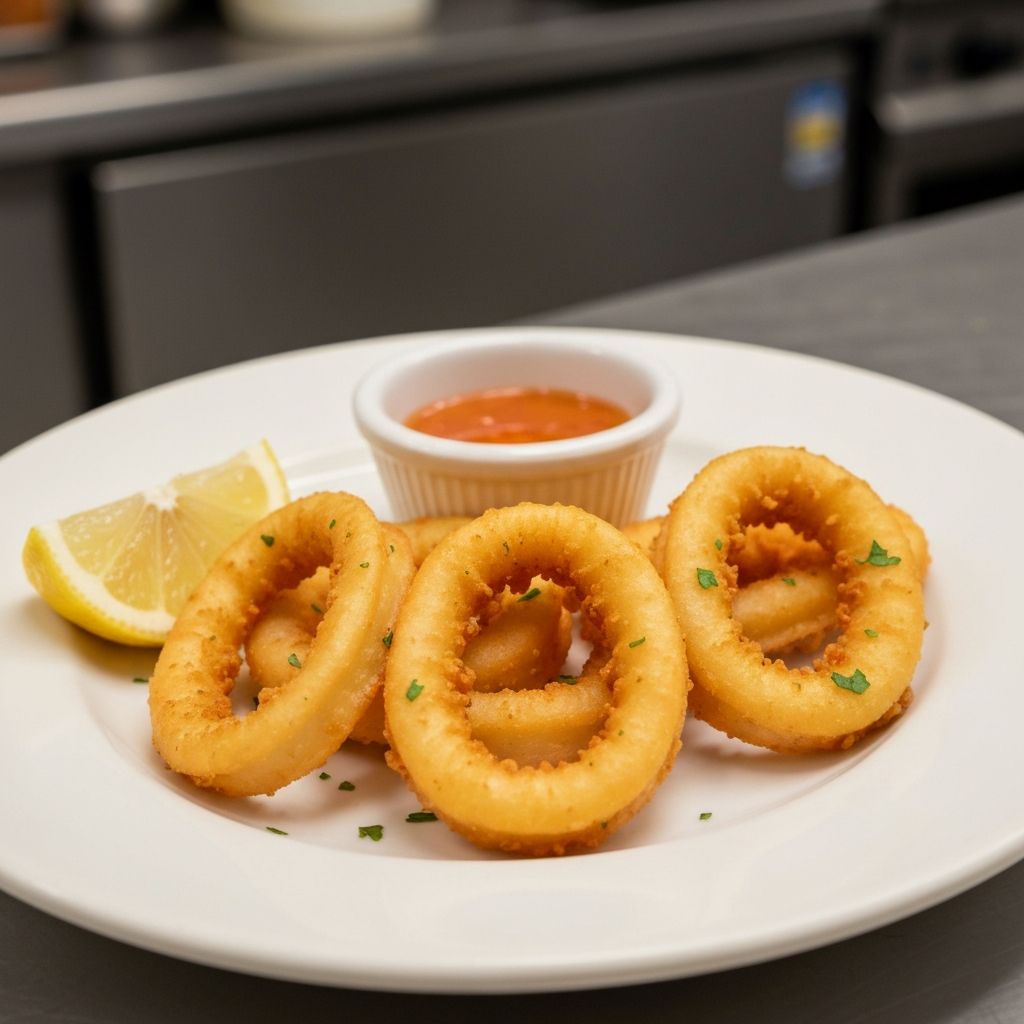 Crispy golden calamari rings served with dipping sauce