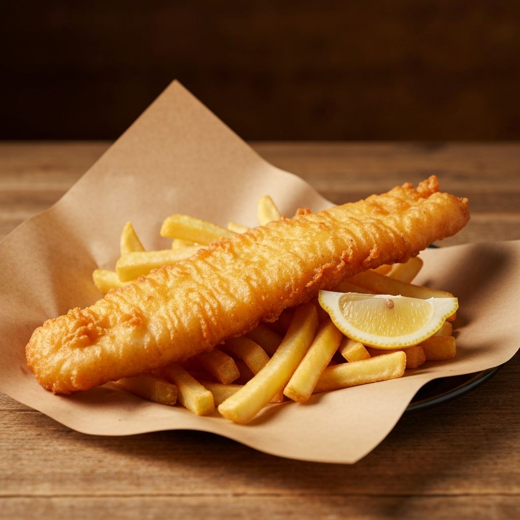 Golden battered fish and chips wrapped in paper